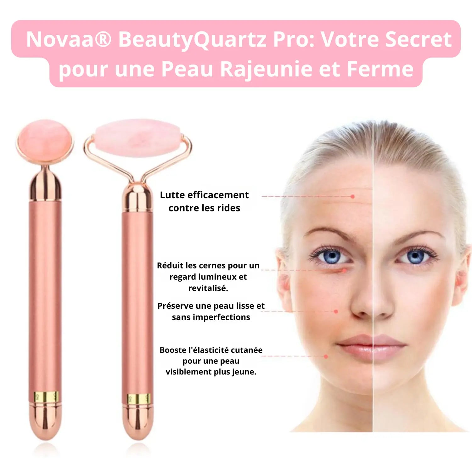 Rouleau Vibrant Quartz Rose 3 en 1 - Rajeunissement et Fermeté de la Peau | Novaa® BeautyQuartz Pro