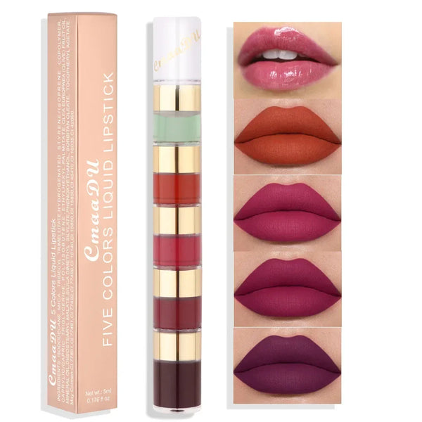 Rouge à Lèvres Liquide Longue Tenue - 5 en 1, Teintes Nude, Rouge et Rose