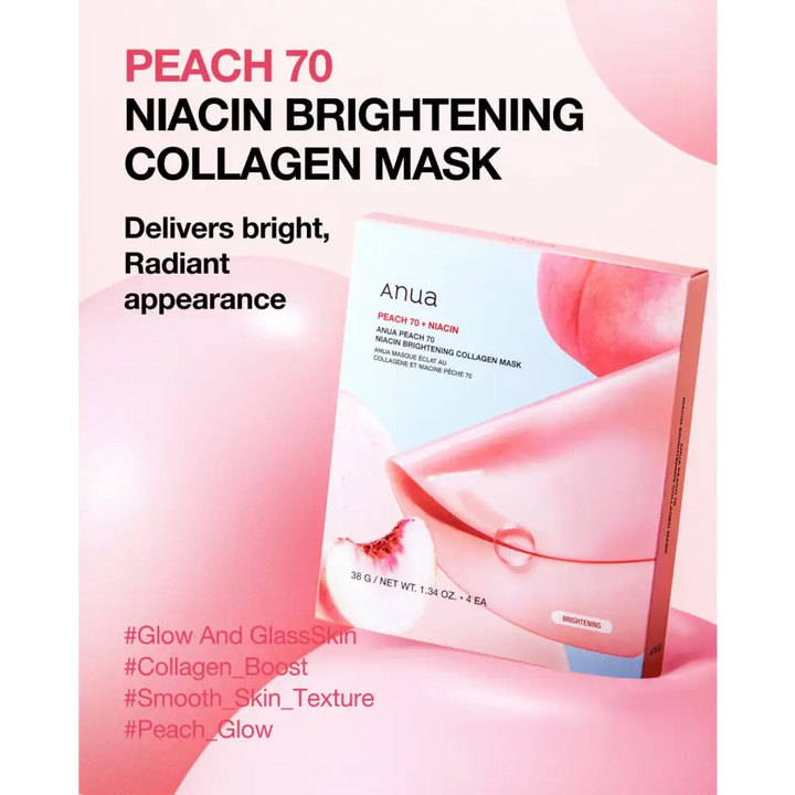 Anua Masque Collagène Éclat Niacin 70 + Pêche: Hydratation & Teint Lumineux – 4 masques - 4 masques - Novaa skin care