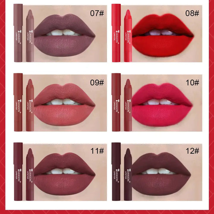 Crayon à Lèvres Velours Waterproof - 12 Couleurs Durables Effet Nude