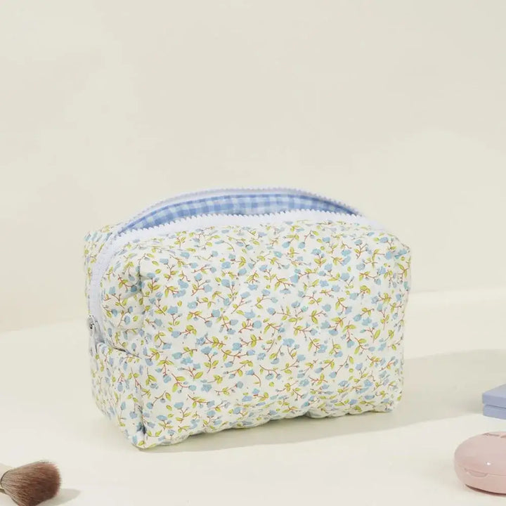 Grande Trousse de Voyage Matelassée - Imprimé Fleuri - Bleu