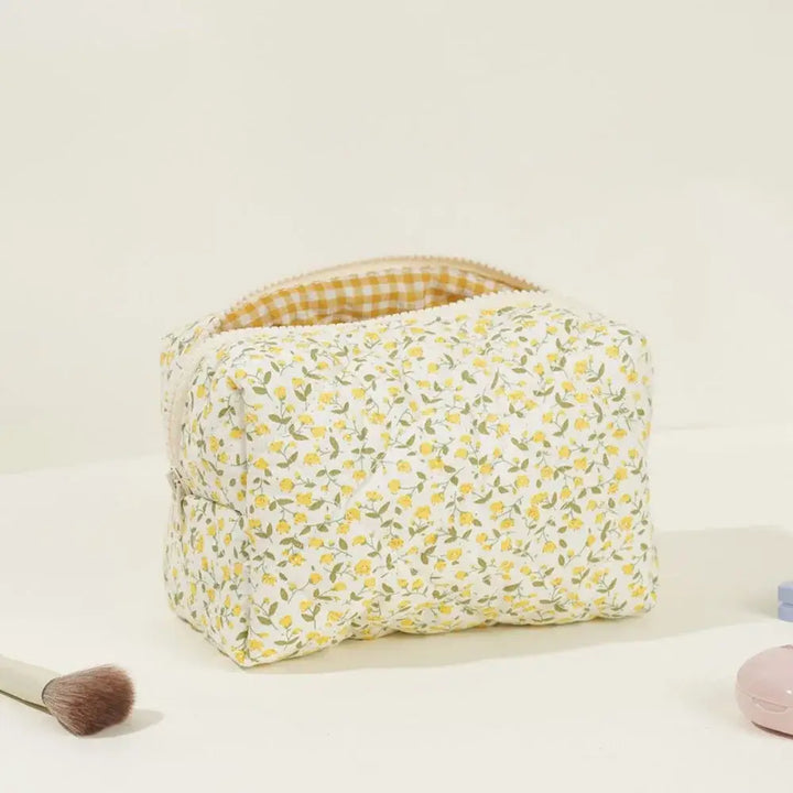 Grande Trousse de Voyage Matelassée - Imprimé Fleuri - Jaune