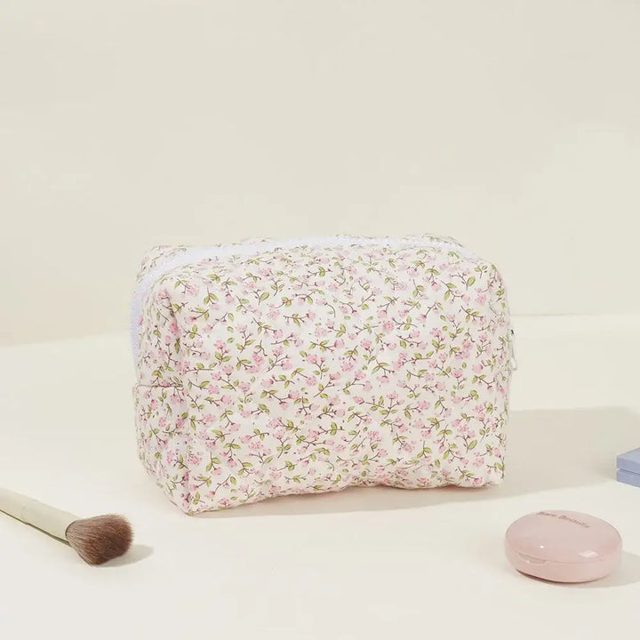 Grande Trousse de Voyage Matelassée - Imprimé Fleuri - Rose