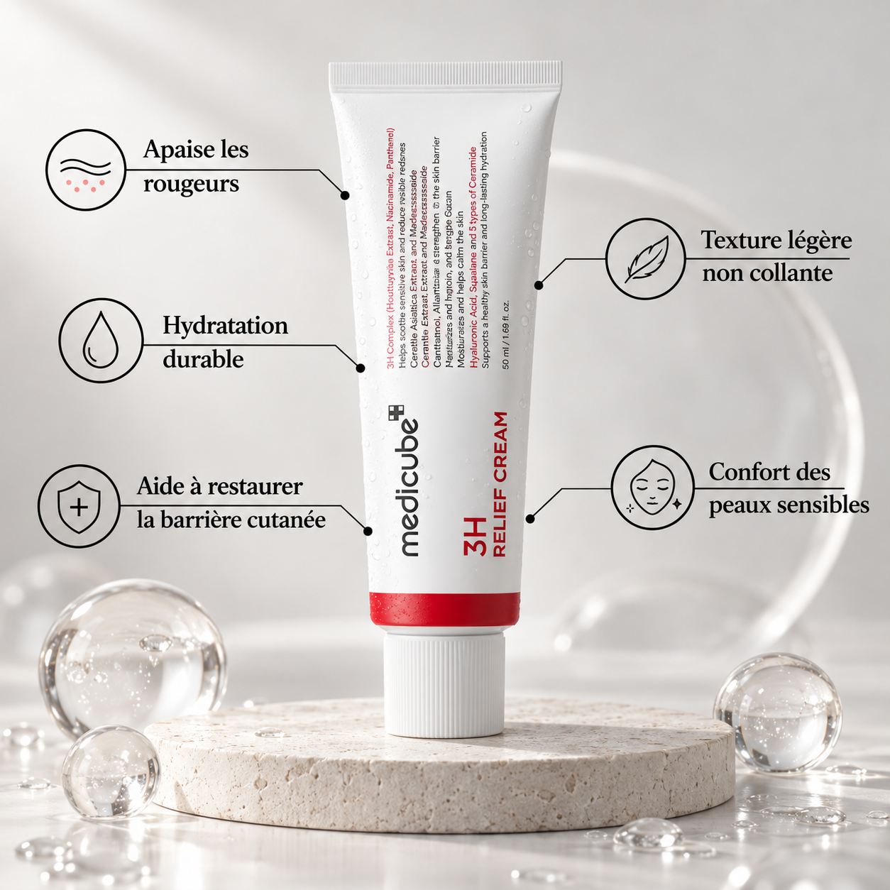Medicube 3H Relief Cream 50 ml, crème hydratante apaisante pour le confort des peaux sensibles.