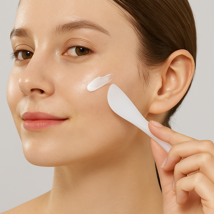 Application du masque Medicube avec spatule sur peau propre et lumineuse – geste soin du visage