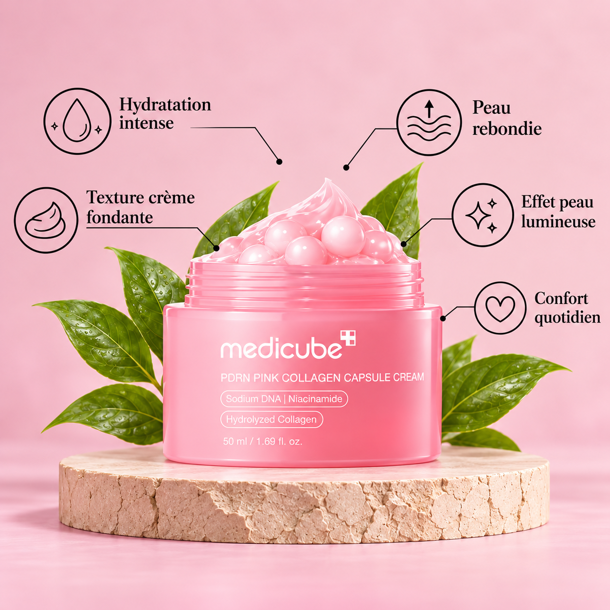 Medicube PDRN Pink Collagen Capsule Cream, crème aux capsules roses pour hydrater et repulper la peau.
