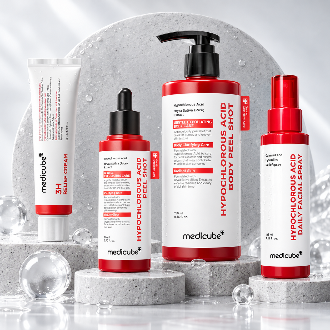 Pack Medicube Rice Peel Shot de 4 soins visage et corps avec deux exfoliants, brume apaisante et crème hydratante 3H Relief.