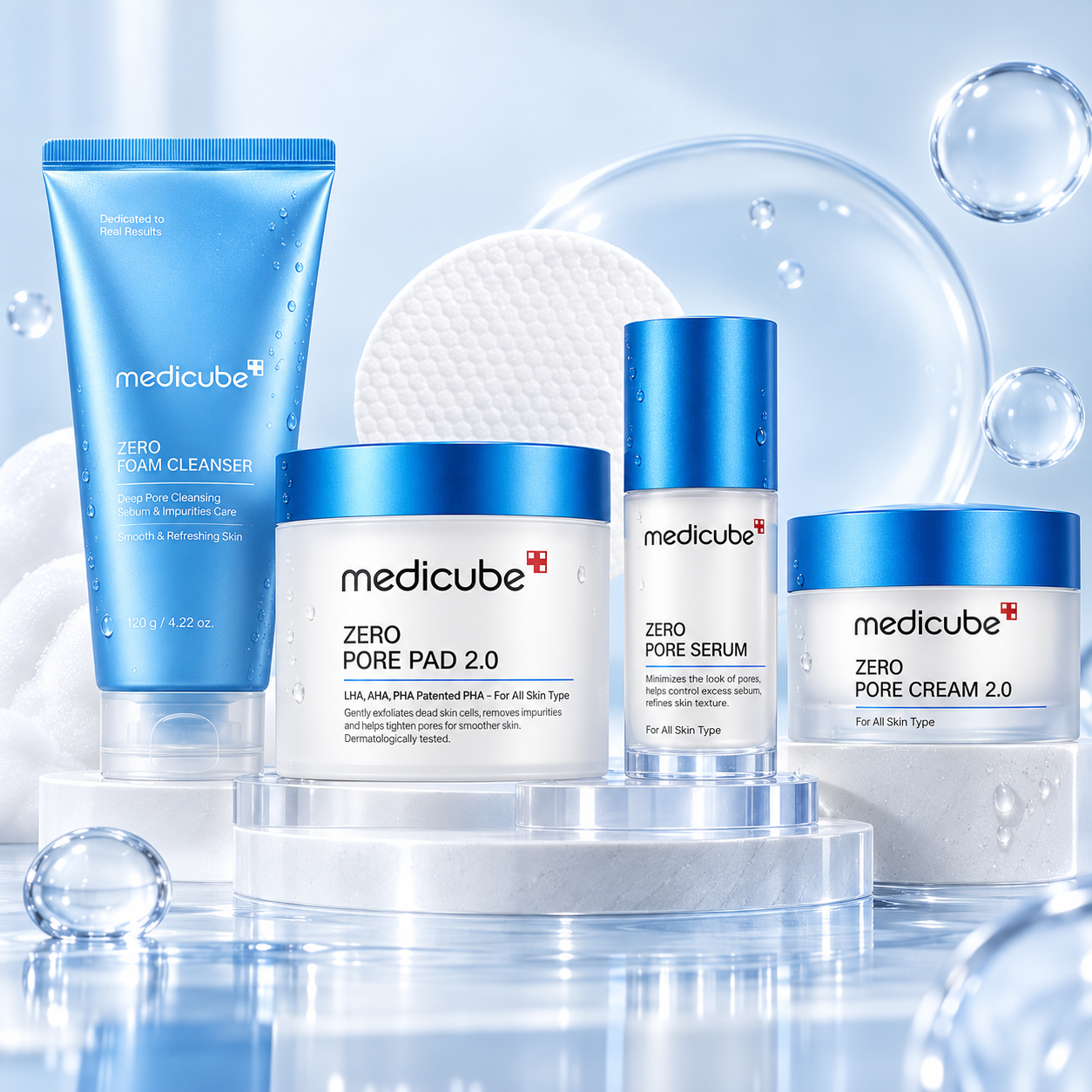 Pack Zero Pore Medicube de 4 soins coréens avec nettoyant, disques exfoliants, sérum et crème pour des pores moins visibles.