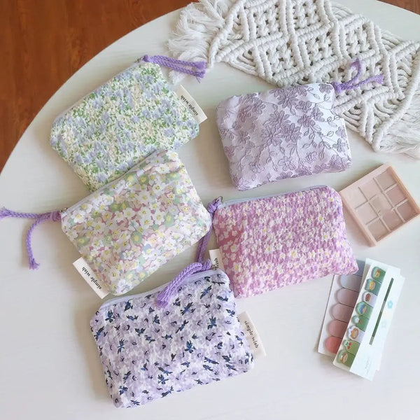 Pochette de Maquillage Compacte - Mini Sac Rangement en Coton Motif Floral