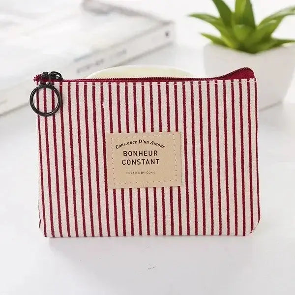 Porte-Monnaie Compact en Tissu - Fermeture Éclair & Imprimé Rayures - Rose