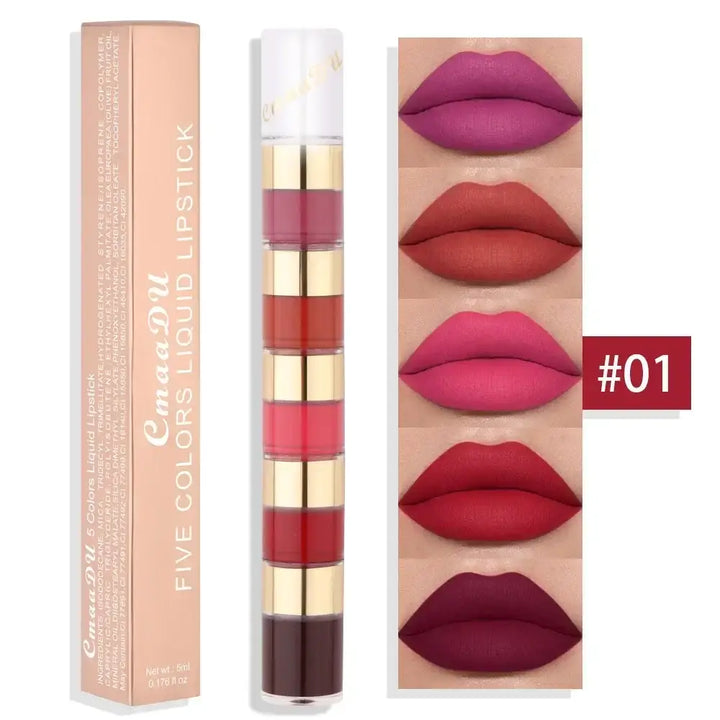 Rouge à Lèvres Liquide Longue Tenue - 5 en 1 Teintes Nude Rouge et Rose - Rouge Classique