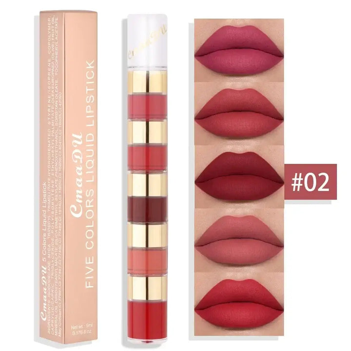 Rouge à Lèvres Liquide Longue Tenue - 5 en 1 Teintes Nude Rouge et Rose - Rouge Cerise