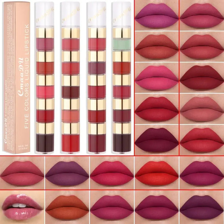 Rouge à Lèvres Liquide Longue Tenue - 5 en 1 Teintes Nude Rouge et Rose