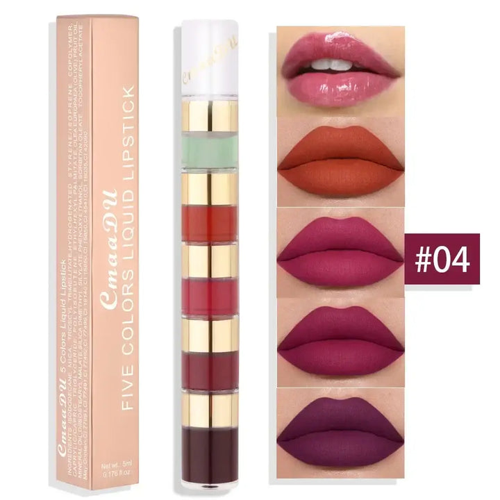 Rouge à Lèvres Liquide Longue Tenue - 5 en 1 Teintes Nude Rouge et Rose - Prune Intense