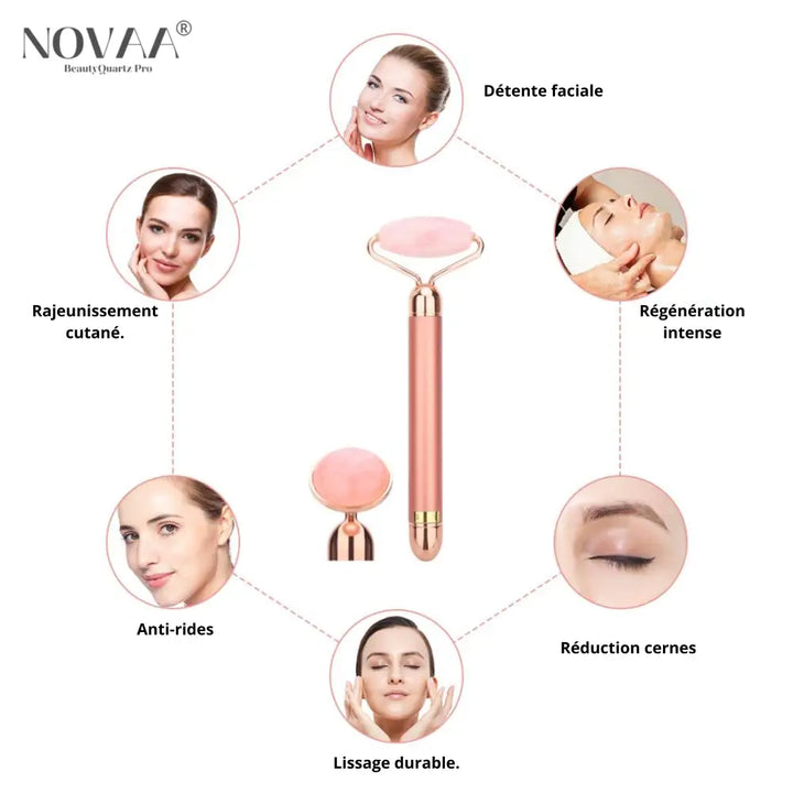 Rouleau Vibrant Quartz Rose 3 en 1 - Rajeunissement et Fermeté de la Peau | Novaa® BeautyQuartz Pro