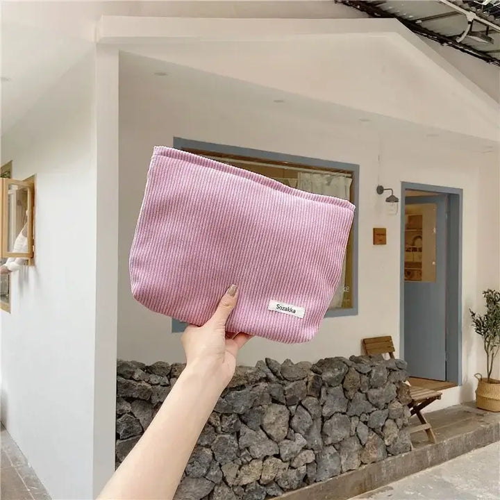Sac de Maquillage en Velours Côtelé - Étui Voyage Compact pour Accessoires Beauté - Rose