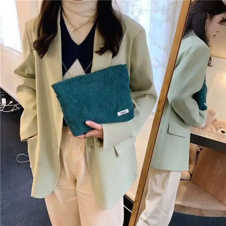 Sac de Maquillage en Velours Côtelé - Étui Voyage Compact pour Accessoires Beauté - Vert