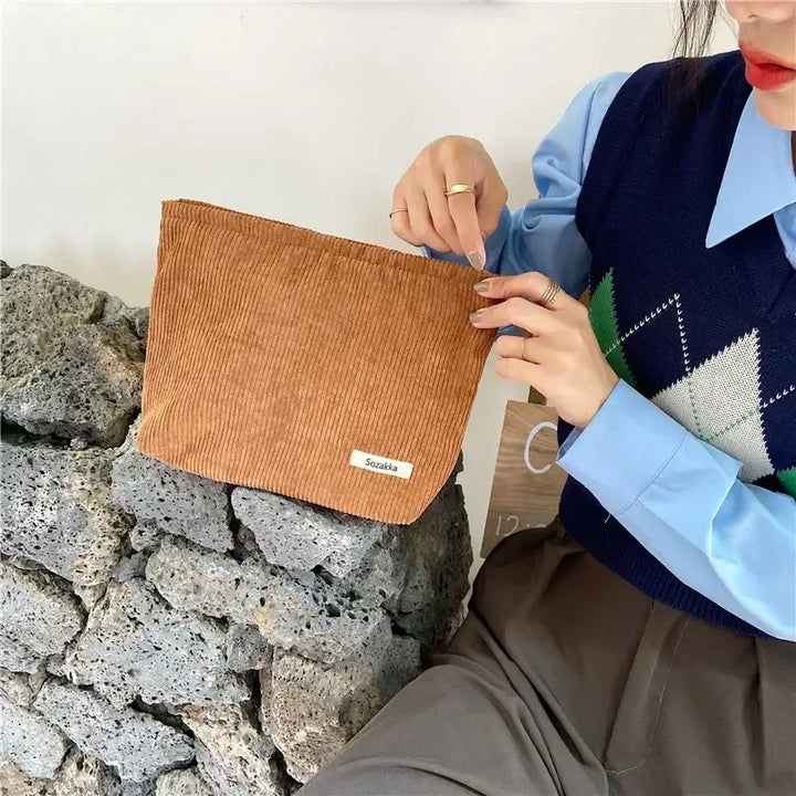 Sac de Maquillage en Velours Côtelé - Étui Voyage Compact pour Accessoires Beauté - Brun