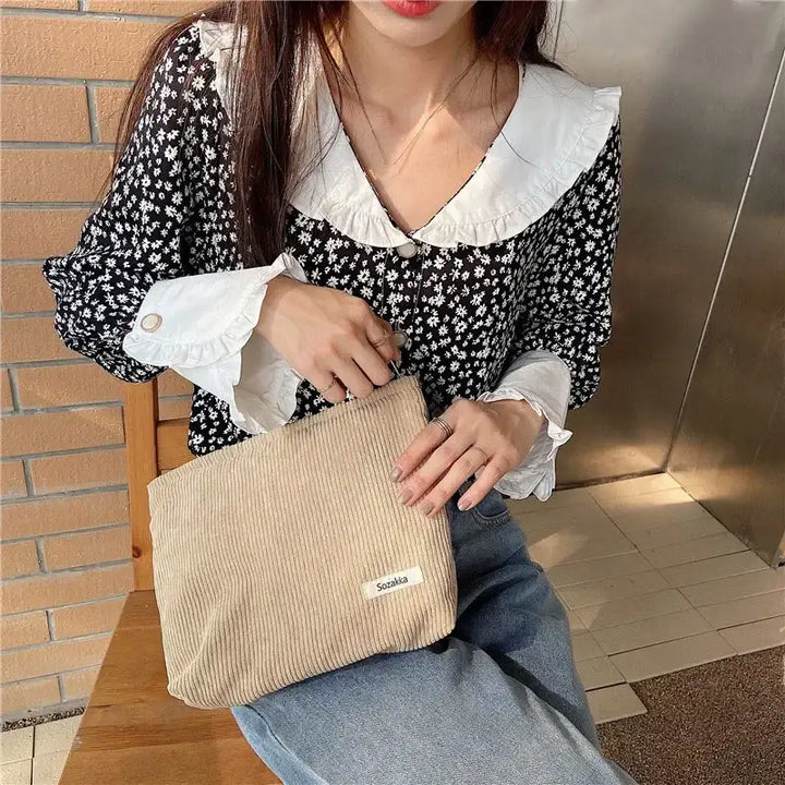 Sac de Maquillage en Velours Côtelé - Étui Voyage Compact pour Accessoires Beauté - Café