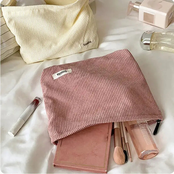 Sac de Maquillage en Velours Côtelé - Étui Voyage Compact pour Accessoires Beauté