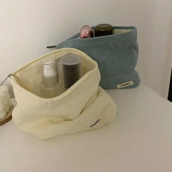 Sac de Maquillage en Velours Côtelé - Étui Voyage Compact pour Accessoires Beauté