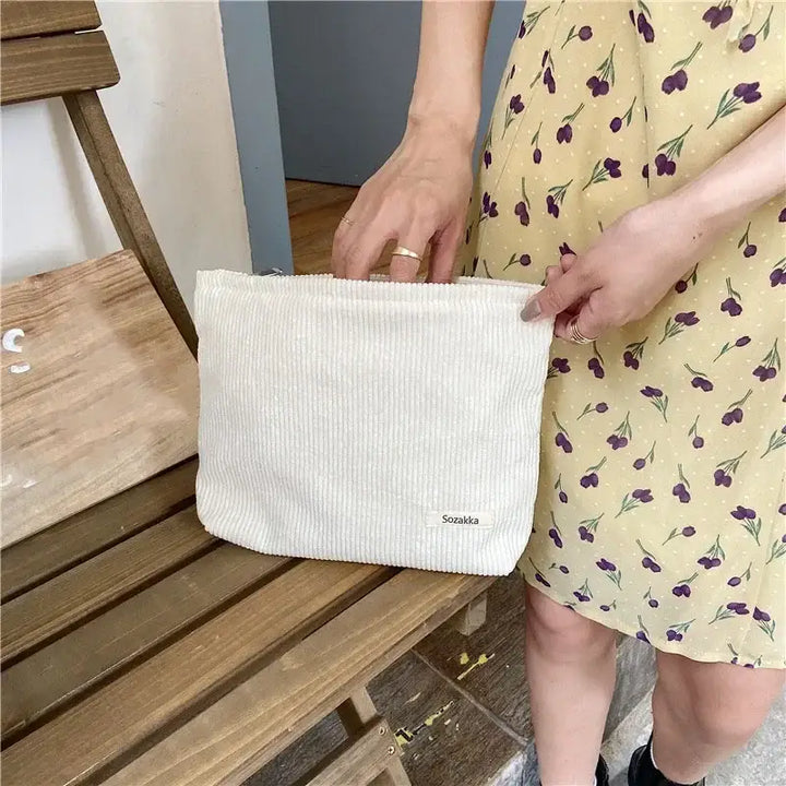 Sac de Maquillage en Velours Côtelé - Étui Voyage Compact pour Accessoires Beauté - Blanc