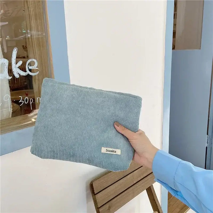 Sac de Maquillage en Velours Côtelé - Étui Voyage Compact pour Accessoires Beauté - Beige