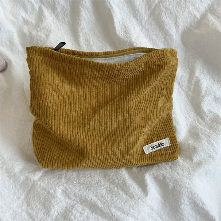 Sac de Maquillage en Velours Côtelé - Étui Voyage Compact pour Accessoires Beauté - Jaune