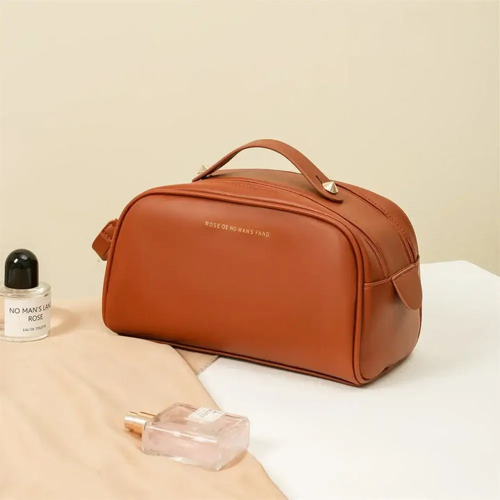 Sac de Rangement Cosmétique en Cuir PU - Grande Capacité & Portable - Brun