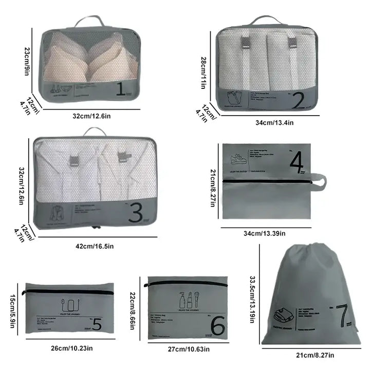Sac de Voyage Étanche - Pochette Transparent Zip pour Rangement et Maquillage - 7pcs-Gris