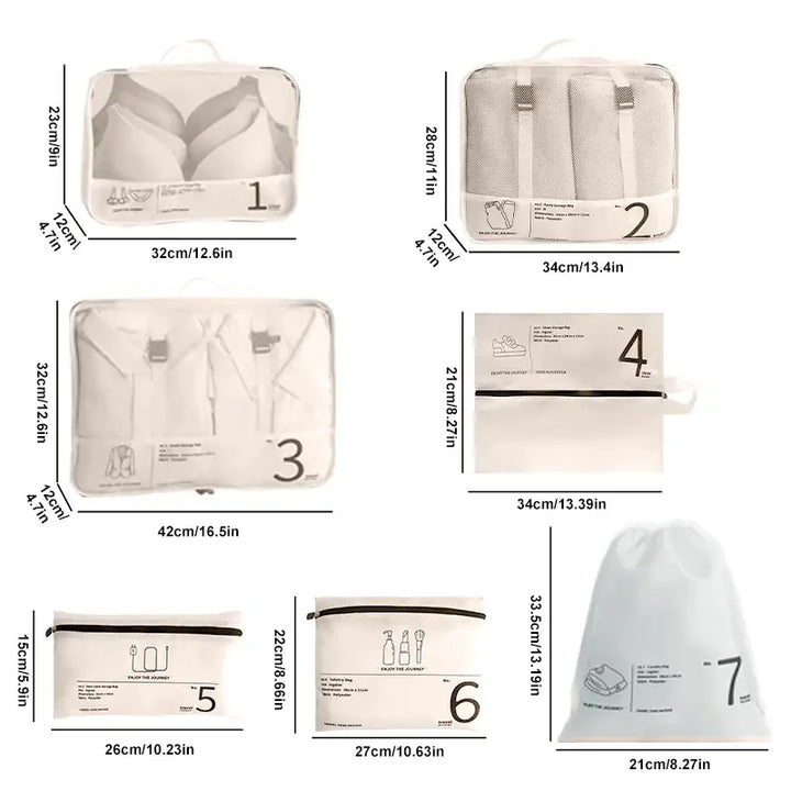 Sac de Voyage Étanche - Pochette Transparent Zip pour Rangement et Maquillage - 7pcs-Beige