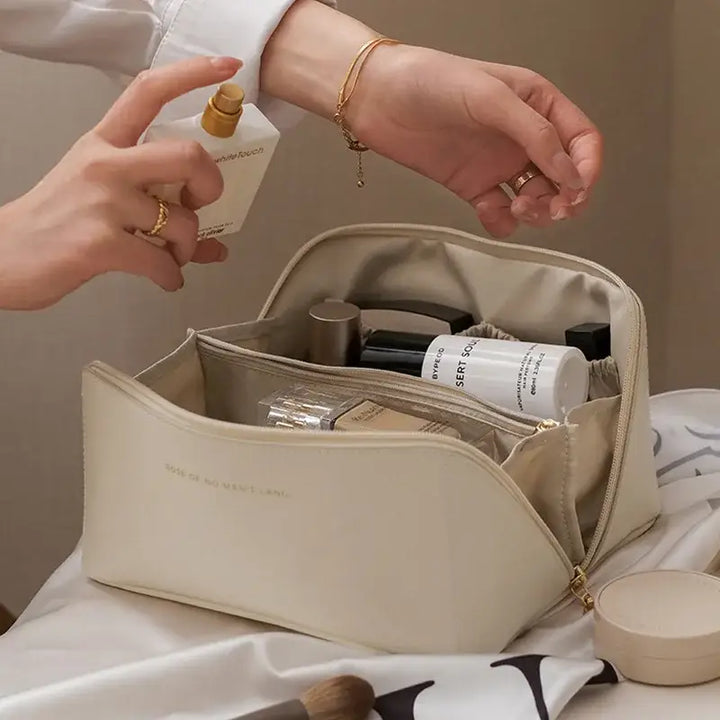 Trousse de Maquillage en Cuir - Grande Capacité Étanche & Multifonction Voyage