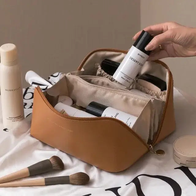 Trousse de Maquillage en Cuir - Grande Capacité Étanche & Multifonction Voyage - Brun