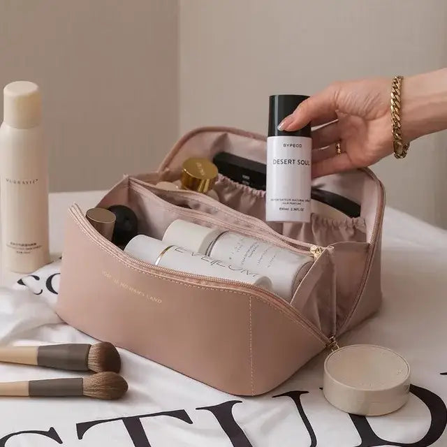 Trousse de Maquillage en Cuir - Grande Capacité Étanche & Multifonction Voyage - Rose