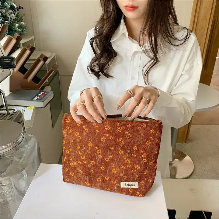 Trousse de Maquillage en Velours Côtelé - Motif Floral & Style Rétro