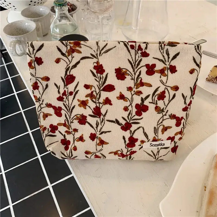 Trousse de Maquillage en Velours Côtelé - Motif Floral & Style Rétro