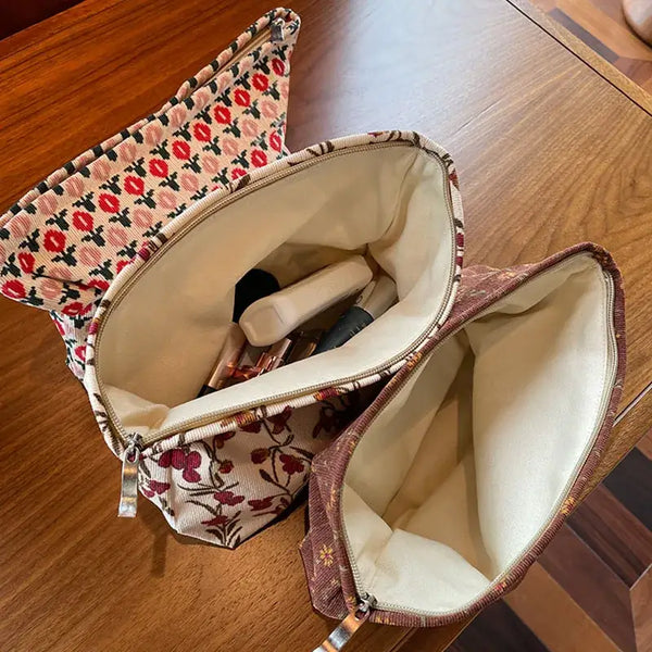 Trousse de Maquillage en Velours Côtelé - Motif Floral & Style Rétro