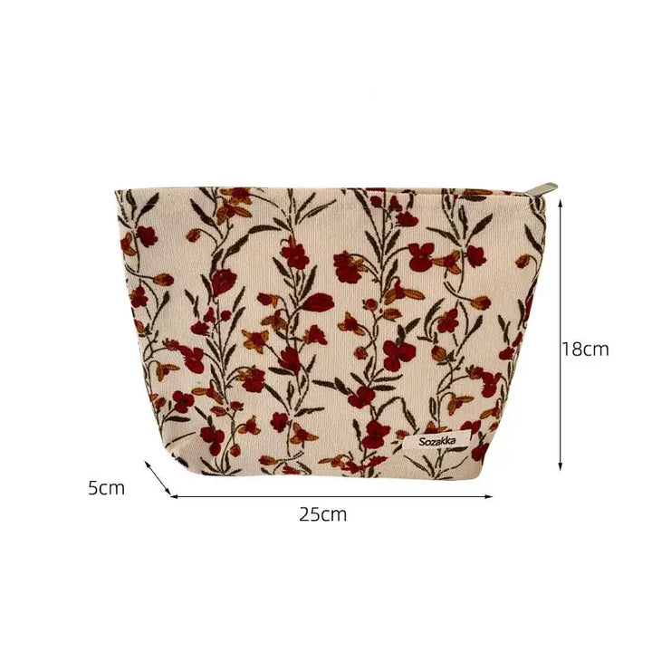 Trousse de Maquillage en Velours Côtelé - Motif Floral & Style Rétro