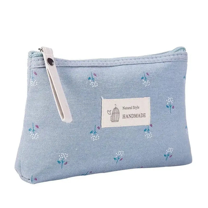 Trousse de Maquillage Fleurie - Pochette Voyage Compacte à Fermeture Éclair - Bleu