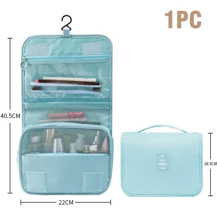 Trousse de Maquillage Imperméable - Grande Capacité avec Crochet - Bleu Ciel