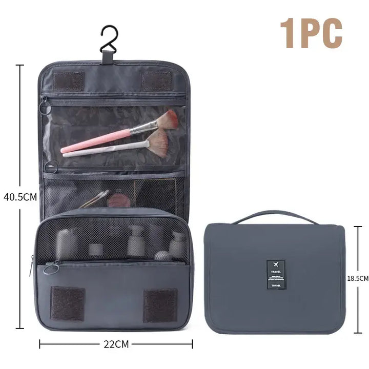 Trousse de Maquillage Imperméable - Grande Capacité avec Crochet - Gris