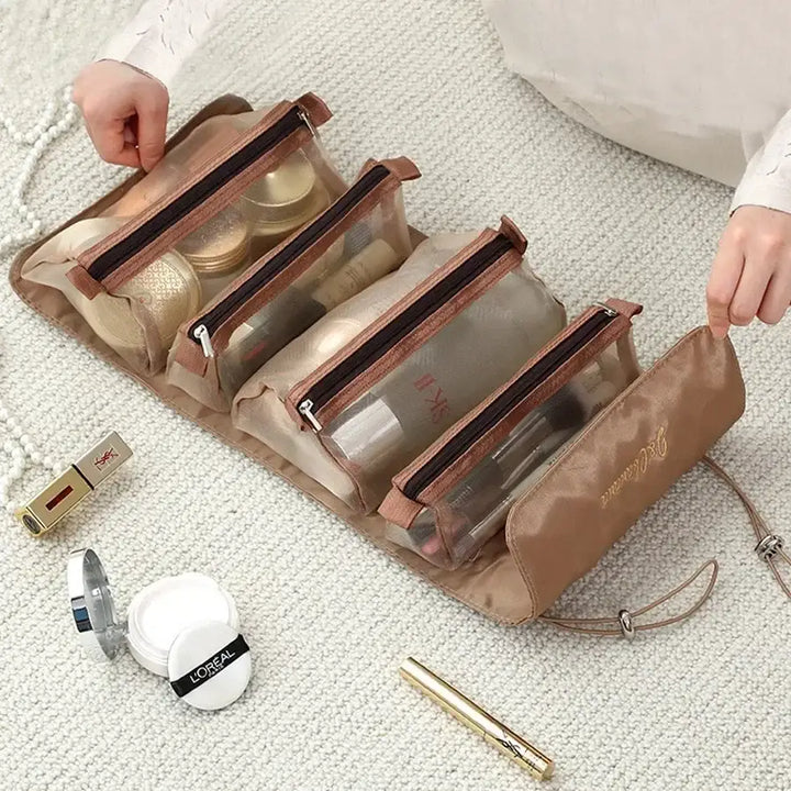Trousse de Maquillage Pliable en Nylon - Compartiments Séparables & Fermeture Éclair - Brun