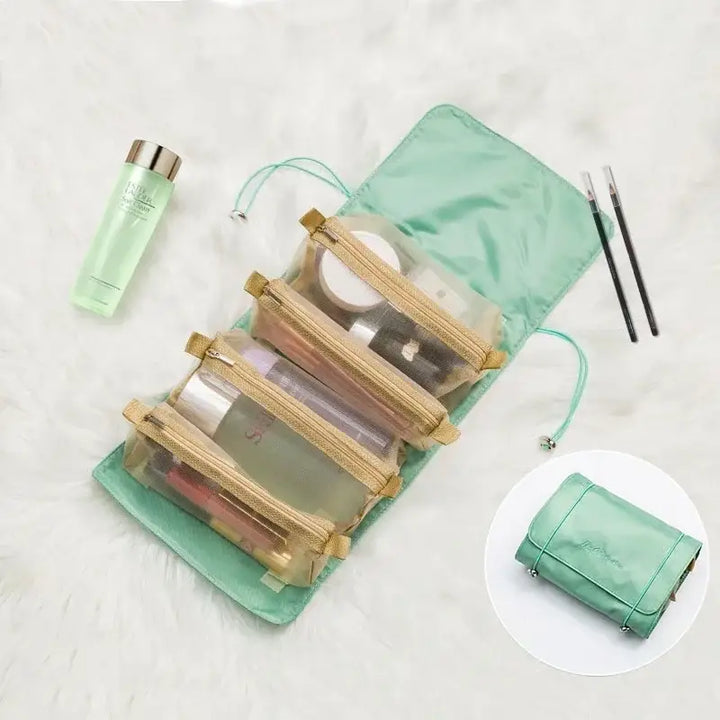 Trousse de Maquillage Pliable en Nylon - Compartiments Séparables & Fermeture Éclair - Vert