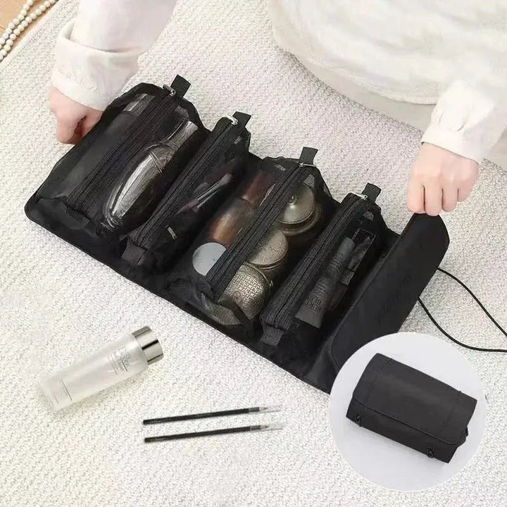 Trousse de Maquillage Pliable en Nylon - Compartiments Séparables & Fermeture Éclair - Noir