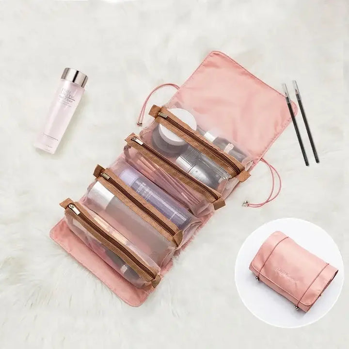 Trousse de Maquillage Pliable en Nylon - Compartiments Séparables & Fermeture Éclair - Rose