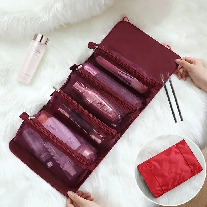 Trousse de Maquillage Pliable en Nylon - Compartiments Séparables & Fermeture Éclair - Rouge Vin