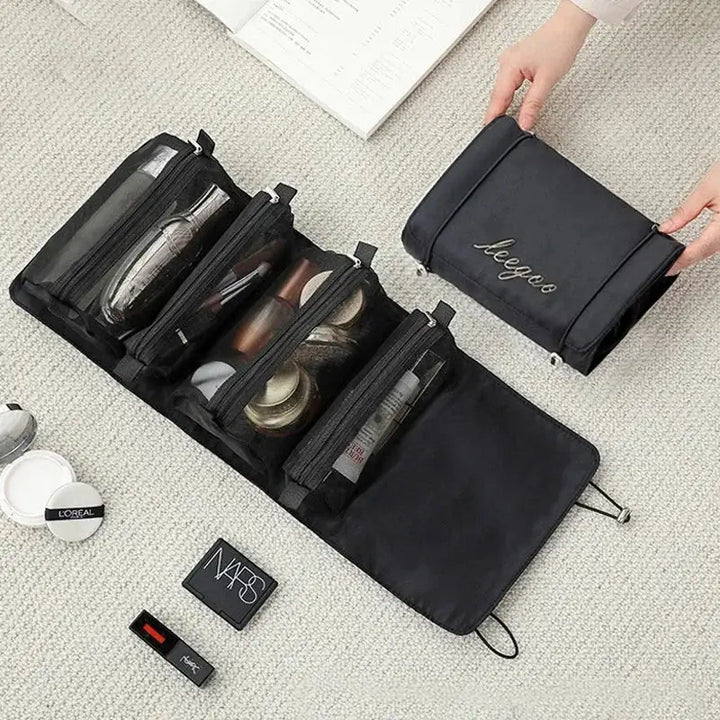 Trousse de Maquillage Pliable en Nylon - Compartiments Séparables & Fermeture Éclair