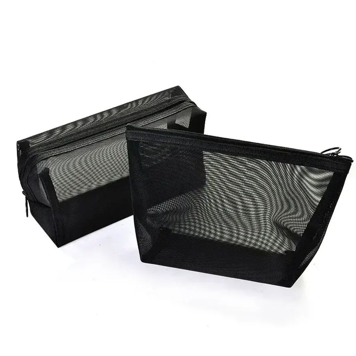 Trousse de Maquillage Transparente en Maille Noire - Fermeture Éclair Voyage