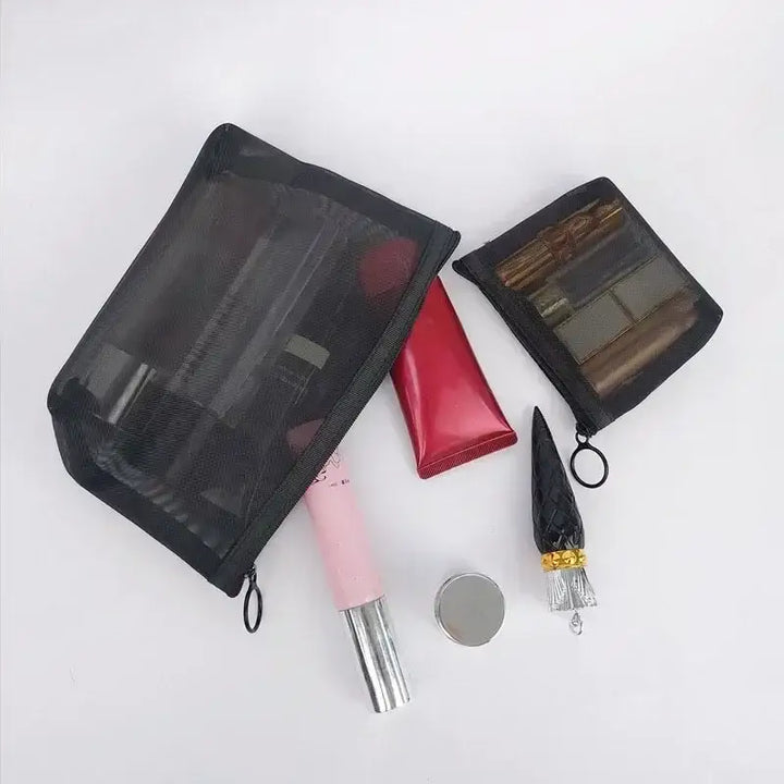 Trousse de Maquillage Transparente en Maille Noire - Fermeture Éclair Voyage