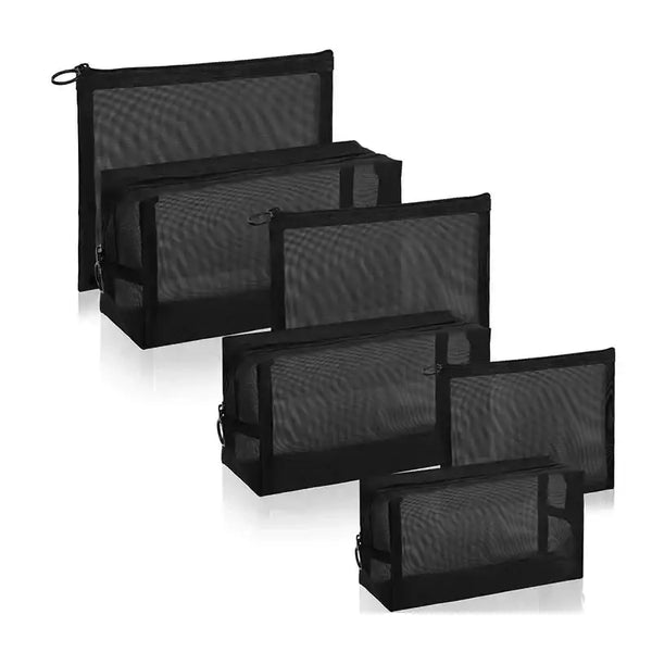 Trousse de Maquillage Transparente en Maille Noire - Fermeture Éclair Voyage